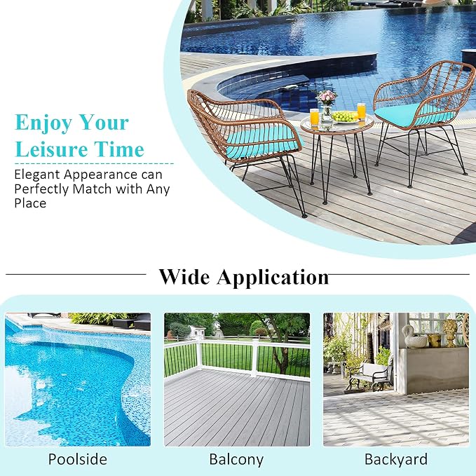 COSTWAY 3 Pieces Patio Bistro Set, Outdoor Rattan Conversation Seating Chair Set with Coffee Table & Soft Cushions, Indoor Wicker Furniture Set for Garden, Balcony, Porch, Pool, Turquoise