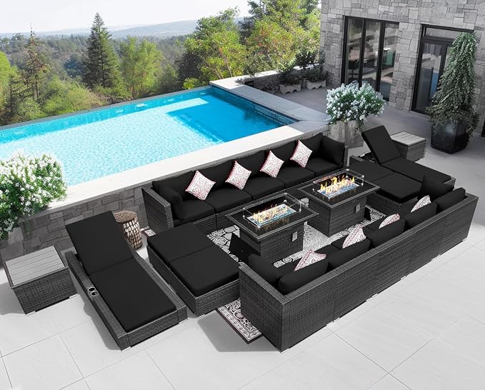 NICESOUL 20 Piece Extra Large Patio Furniture Set w/Fire Pit Table & Chaise Lounge, Modern Luxury Outdoor Group Seating w/Firepit, Comfortable 29.3" High-Back Sectional Couch Deep Seat, Gray & Black