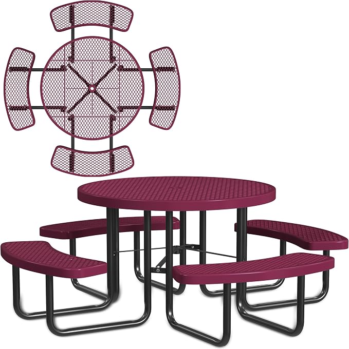 Leisure Craft Metal Picnic Table with Bench - 46" Round Outdoor Dining Table for 8 with Umbrella Hole, Weatherproof Heavy Duty Thermoplastic Coating, Commercial Grade Furniture Made in USA - Burgundy