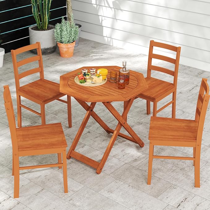 Byroce Outdoor Patio Table, Octagon Folding Bistro Table with Slatted Tabletop & 2” Umbrella Hole, Solid Wood Outdoor Dining Table, Portable for Backyard, Poolside & Balcony (2)