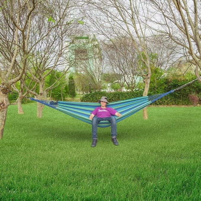 VALUE BOX Brazilian Double Hammock Cotton Hammock, Extra Long and Wide Hammock for Travel, Backyard, Porch, Outdoor or Indoor, w/Portable Carrying Bag (Blue)