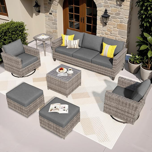 ovios 7 Pieces Patio Furniture Set, Outdoor Wicker Sofa with Rocking Swivel Chairs, Coffee Table, High Back Grey Rattan Conversation Set for Backyard Deck Porch, Dark Grey
