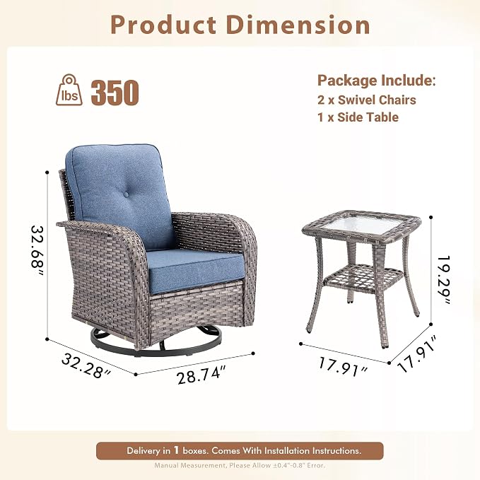 3 Pieces Patio Furniture Set, Outdoor Swivel Rocker Patio Chairs with Coffee Table, All Weather Thickened Cushion Patio Conversation Set for Porch Balcony Deck Poolside Garden Sunroom, Denim Blue