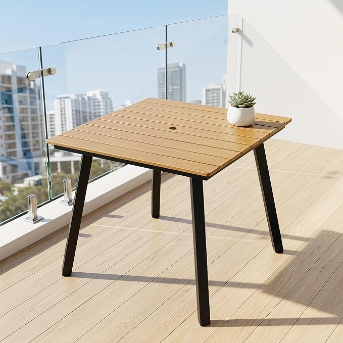 35" Square Patio Dining Table, with Umbrella Hole, Heavy Duty Iron Frame and WPC Top, All-Weather Outdoor Patio Table for Backyard, Garden and Outdoor Dining