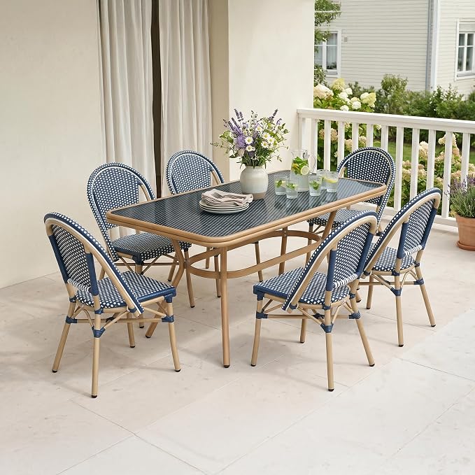 PURPLE LEAF 7-Piece French Bistro Dining Set Rectangle Outdoor Patio Table and 6 Armless Chairs Tempered Glass Top PE Rattan Champagne Print Finish Aluminum Frame Navy Blue