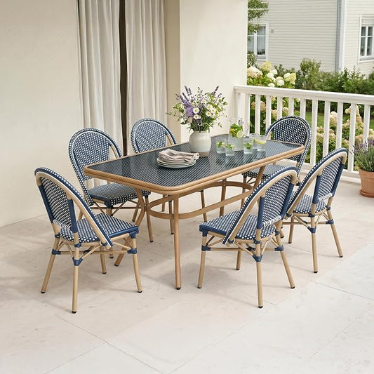 PURPLE LEAF 7-Piece French Bistro Dining Set Rectangle Outdoor Patio Table and 6 Armless Chairs Tempered Glass Top PE Rattan Champagne Print Finish Aluminum Frame Navy Blue