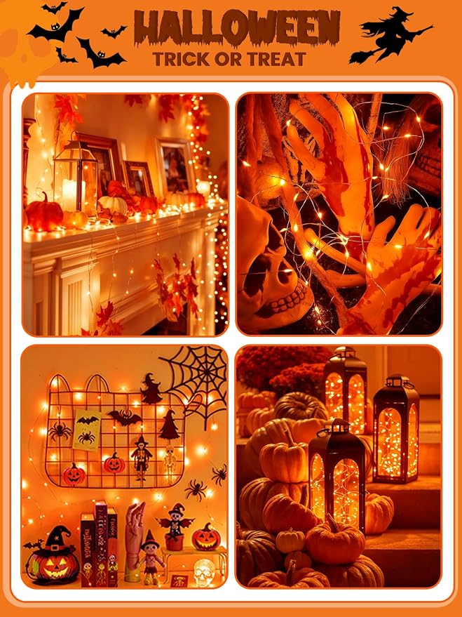 4 Pack 60 LED Fairy Lights Battery Operated with Timer, Fall Lights Orange | 20 FT , Cuttable, Waterproof Battery Fall String Lights for Thanksgiving Indoor Outdoor, Bedroom, DIY, Halloween Decorations