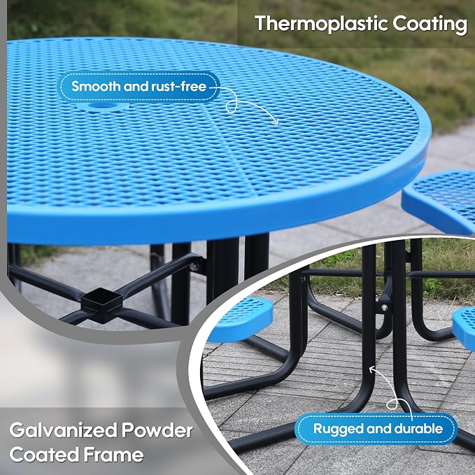 46 Inch Round Outdoor Metal Picnic Table, All-Weather Patio Dining Set for 6-8 Adults, Heavy Duty Steel with Central Umbrella Hole, Perfect for Garden, Backyard, Deck & Small Spaces - Easy Assembly