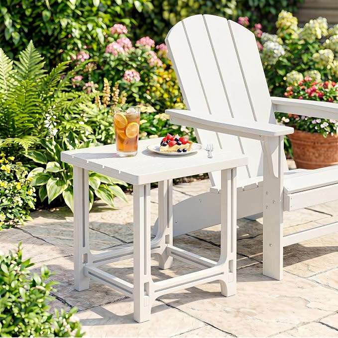 Tangkula Outdoor Adirondack Side Table, 18" Heavy Duty HDPE Patio End Table with Slatted Surface, 0-Screw Assembly, Easy Maintenance, Small Outdoor Side Table for Porch, Pool, Garden, Deck (White,1)