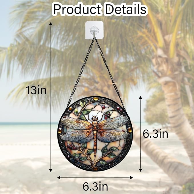 DASTOLL Stained Glass Window Hanging - Dragonfly Plant Suncatcher Ready to Hang Window Doors Home Decoration, Christmas, Mother's Day Birthday Gifts for Women, Men, and Mom 6.3X6.3IN