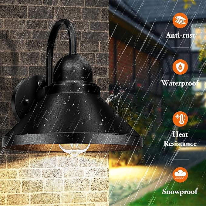 Gooseneck Outdoor Wall Sconces, 2-Pack Large 10.23IN Farmhouse Barn Lights for Porch, Industrial Black Exterior Wall Lights for Garage, Patio, E26 Base Anti-Rust, Bulb not Included