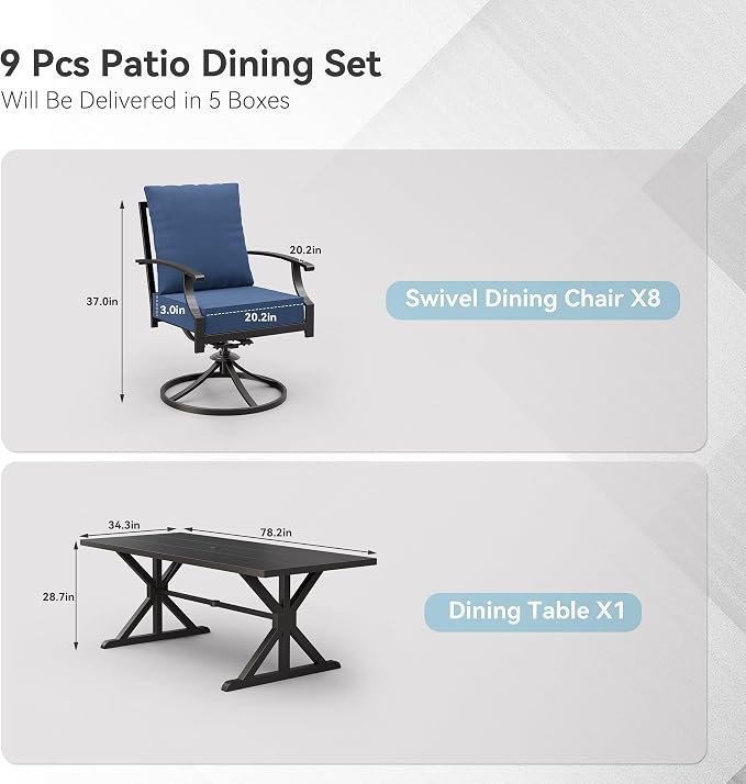 ALAULM 9-Piece Patio Dining Set,Outdoor Metal Dining Set with 8 Swivel Chairs & Rectangle Table with 1.5 Umbrella Hole, Patio Dining Table and Chairs for Backyard,Navy