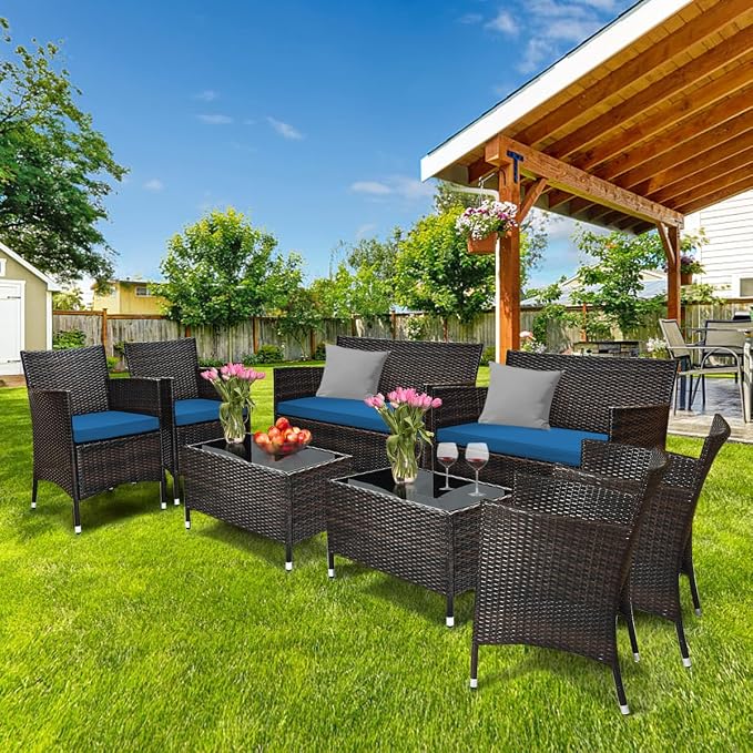 8 Pieces Patio Sofa Set, Wicker Conversation Set with Ergonomic Curved Backrest, Water-Resistant Cushion & Tempered Glass Table for Balcony, Porch (Peacock Blue)
