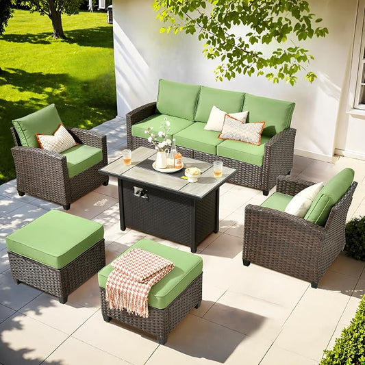 ovios 6 Pieces Patio Furniture Set, Outdoor Wicker Sofa Couch with 42" Fire Pit Table Comfy Cushions, All Weather Brown Rattan Conversation Set for Backyard Deck, Green