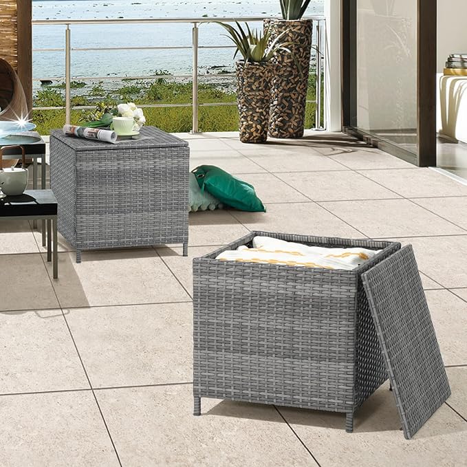 Verano Garden Outdoor Wicker Side Table Set of 2, Small Storage Rattan Wicker End Table, Square Resin Coffee Table for Garden Porch Deck Living Room Backyard