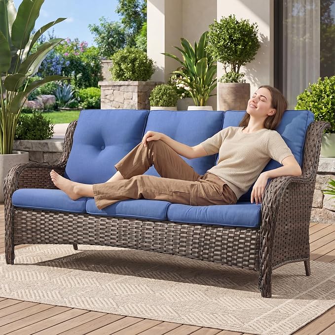 Belord Patio Sofa Luxury PE Wicker 3-Seater Outdoor Couch, Modern All-Weather High Back Deep Seat Woven Furniture Set for Porch, Deck, Balcony, Backyard - Brown/Blue