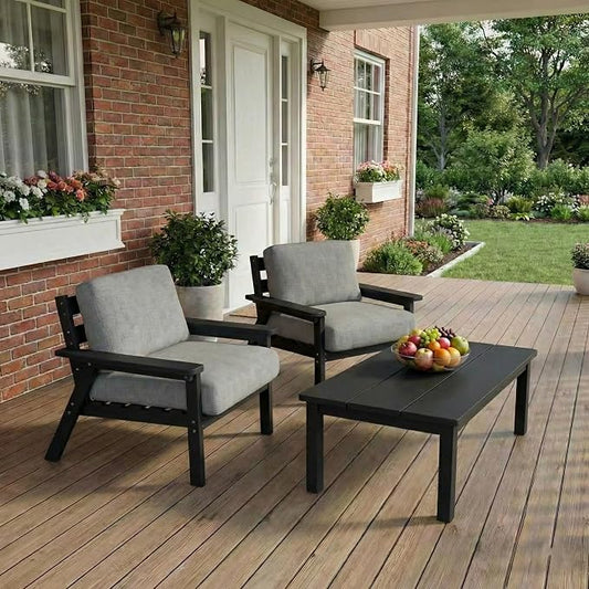 Kingdura HDPE Patio Furniture Set, 3 Piece Outdoor Sectional Sofa with Coffee Table, All Weather Outdoor Couch Conversation Set with Washable Cushions for Backyard Poolside Balcony