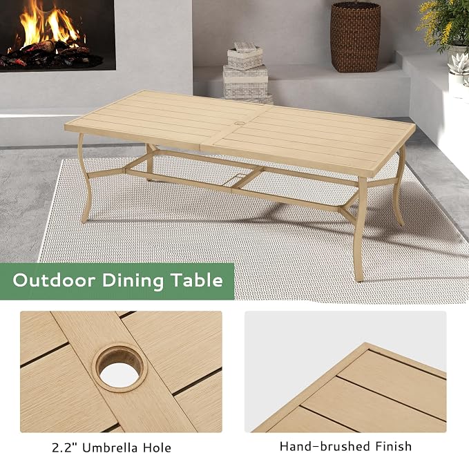 8-Person Outdoor Dining Table, Aluminum Rectangle Outdoor Dining Table with 2.2" Umbrella Hole, Rustproof Aluminum Patio Dining Table for 8, All-Weather for Garden Yard Poolside, Beige