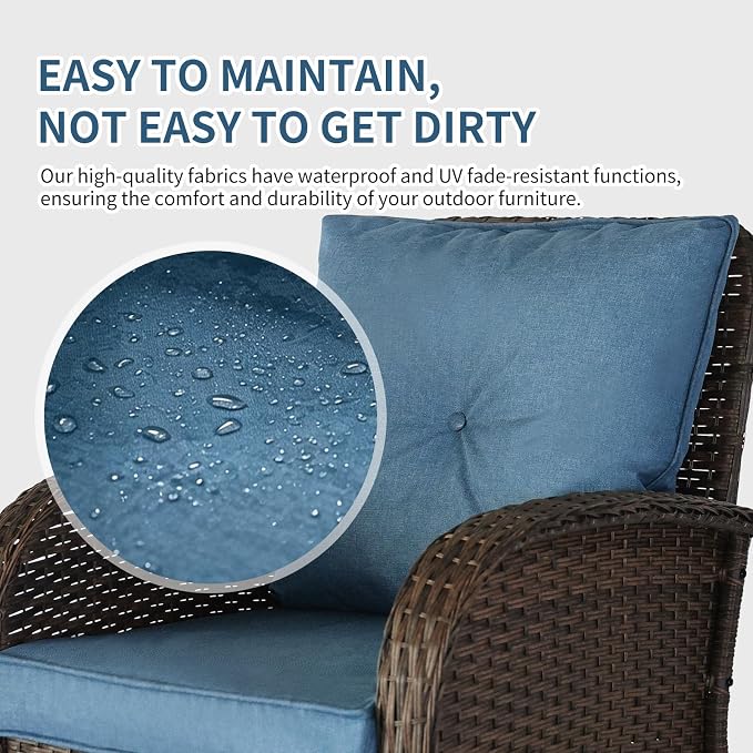 Outdoor Swivel Rocker Patio Chairs (Brown Wicker/Blue Cushion, 9PC/Sofa & Swivel & Chair &2 Table& Ottomans)