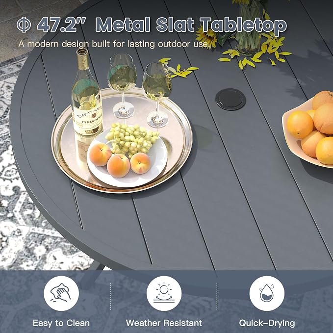 VICLLAX Round Patio Dining Table for 4-6, Outdoor Metal Dining Table with Umbrella Hole for Deck Lawn Garden Backyard, 47.2" Dark Grey