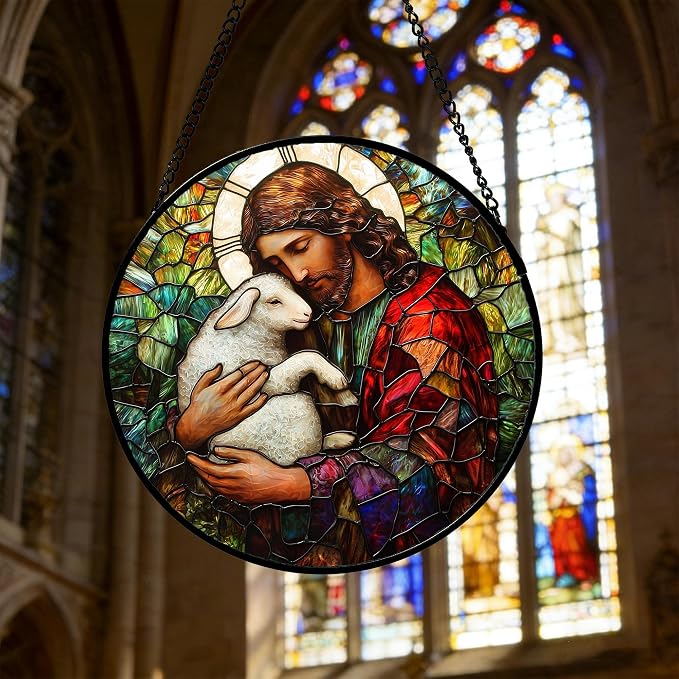DASTOLL Stained Glass Window Hanging, Jesus Little Lamb Sun Catchers Colorful Glass Panel Christianity Suncatcher Decor for Birthday for Women, Men, Wife, Aunt, and Mom 7.8 in