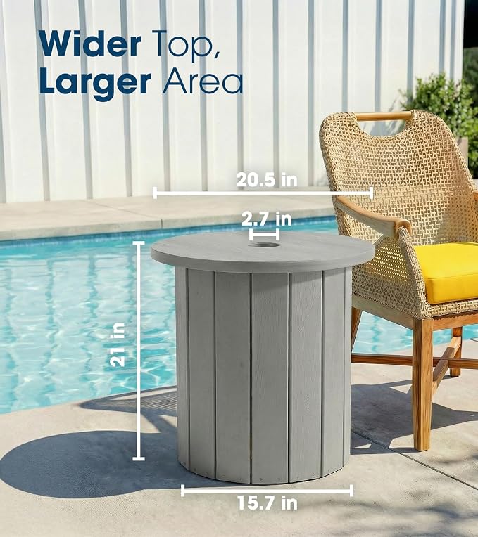 wikiwiki 2-in-1 70Lbs Patio Umbrella Base & Outdoor Side Table with Hole, HDPE Woodgrain Small Outdoor Table Fits 1.5-1.9in Pole for Patio, Deck, Poolside & Garden Use, Gray