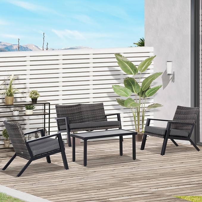 Outsunny 4 Piece Patio Furniture Set, 2 PE Wicker Chairs, Loveseat Sofa, Outdoor Coffee Table, Soft Cushions, Couch & Armchairs for Backyard, Garden, Black