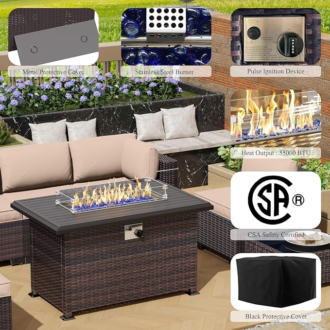 13 Pieces Outdoor Patio Furniture Set,Outdoor Sectional Furniture with 43" 55000 BTU Gas Propane Fire Pit Table,PE Rattan Wicker Patio Conversation Set,Swivel Rocking Chairs Set,Sand