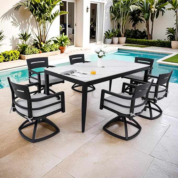 7PC Aluminum Outdoor Patio Dining Set, 71”Rectangular White Marble Dining Table with Sintered Stone Top and 6 Cushioned Swivel Rockers, All-Weather Patio Furniture
