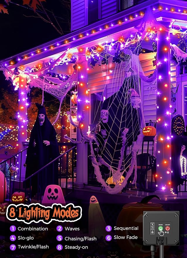 Minetom Halloween Solar Lights Outdoor,4Pack Total 160FT Halloweeen Light | 400 LED String Lights with 8 Lighting Modes,Black Wire Waterproof Solar String Lights for Outside Tree Party, Orange & Purple
