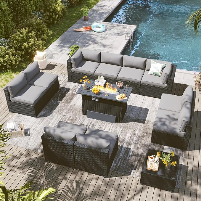 LazySunsets 12 Piece Outdoor Patio Furniture Set with 44'' Fire Pit Table, Outdoor Patio Furniture Sets with 4'' Thicken Cushion, Wicker Rattan Outdoor Conversation Set for Backyard, Light Grey