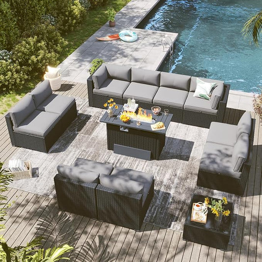 LazySunsets 12 Piece Outdoor Patio Furniture Set with 44'' Fire Pit Table, Outdoor Patio Furniture Sets with 4'' Thicken Cushion, Wicker Rattan Outdoor Conversation Set for Backyard, Light Grey