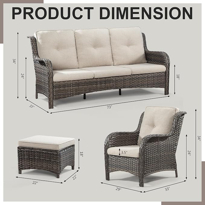 Outdoor Wicker Couch Set 6 Pieces - Outdoor Wicker Patio Furniture Set with 2 Armchairs, 2 Couch and 2 Ottomans, Olefin Cushions Included(Mixed Grey/Beige)