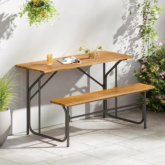 Tangkula Patio Dining Bench Set for 4, Heavy-Duty Outdoor Acacia Wood Dining Furniture with Metal Legs for Balcony, Backyard, Poolside, Garden (2,52” x 32” x 29.5”)