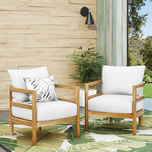 Merax Outdoor Patio Club Chair,Set of 2,Acacia Wood Frame Conversation Set with Thick Cushion for Porch,Modern Style