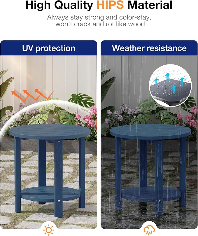 YEFU Outdoor Side Table for Patio: 16in HIPS Small Round Outdoor End Table - 2-Tier Adirondack Tables for Porch Patio Yard Poolside Living Room Beach Bedroom (Navy, 2 Pack)