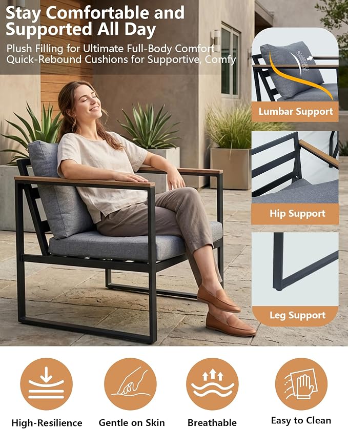 4 Piece Patio Furniture Set,Metal Outdoor Furniture Couch with Clear Tempered Glass Coffee Table,All Weather Patio Conversation Sets with Loveseat & Grey Washable Cushions for Balcony,Porch