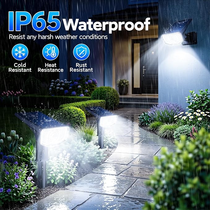 Solar Spot Lights Outdoor Waterproof IP65, 100 LED Solar Lights Outdoor | Super Bright Solar Spotlights 6500K&2 Lighting Modes , 2-in-1 Ground Spike & Wall Mount Solar Landscape Spotlights for Yard