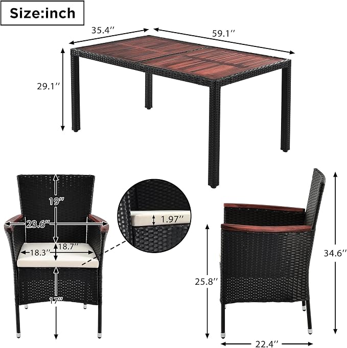 7-Piece Outdoor Patio Dining Set, Garden PE Rattan Wicker Dining Table and Chairs Set, Acacia Wood Tabletop, Stackable Armrest Chairs with Cushions (Reddish-Brown ~009)