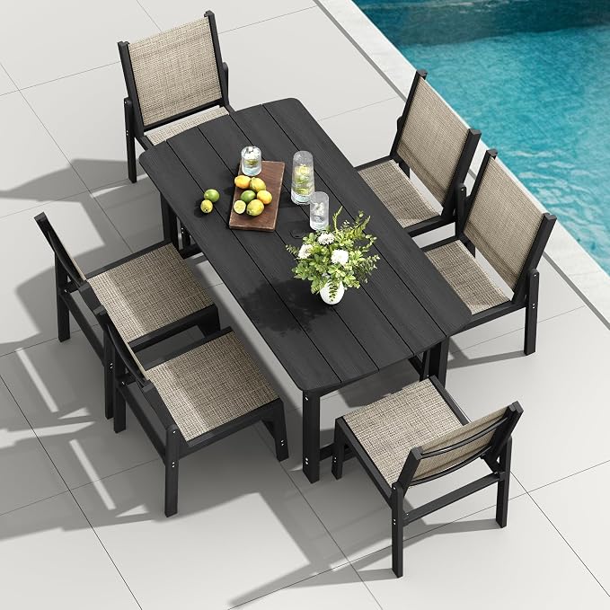 HDPE Outdoor Patio Dining Set with Table & 6 Stackable Armless Textilene Chairs, All-Weather 7-Piece Dining Table Set with Umbrella Hole, Patio Furniture for Garden, Poolside, Backyard, Deck | Black