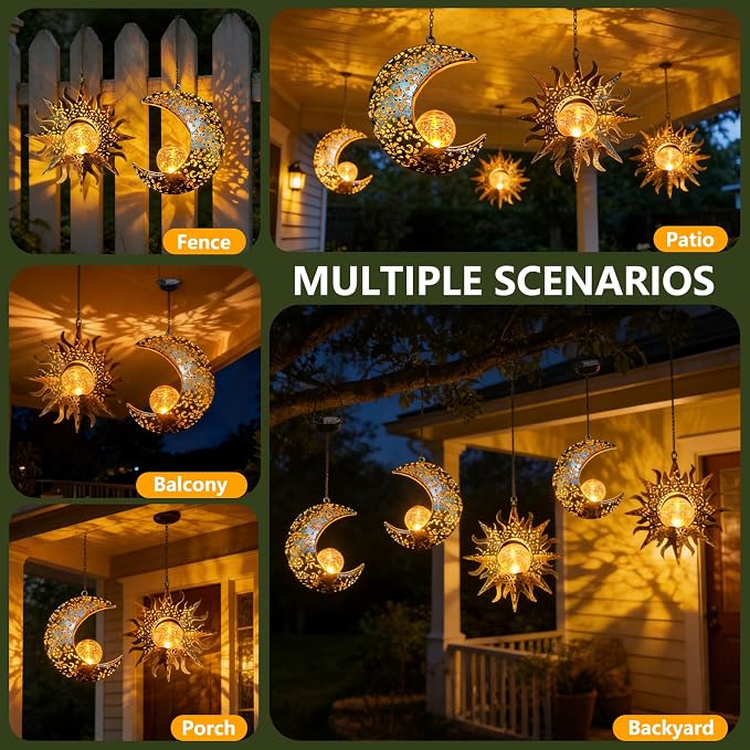 Solar Hanging Sun Moon Lights,Outdooor Lanterns Waterproof Garden Gifts | 2 Pack Metal,Crackle Glass,8-10 Runtime,Warm Glow,Easy Hang,Yard Patio Decor,Vintage Boho,Individual Wall Art,Gifts for Mom