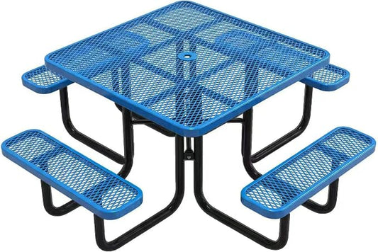 46-Inch Square Outdoor Picnic Table – Commercial Heavy-Duty Steel Dining Table with Thermoplastic Coating, Weather & Rust Resistant, Ideal for Parks, Patios, Schools, Campgrounds (Blue)
