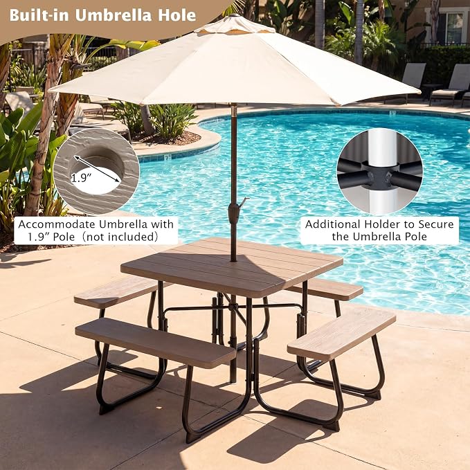 Giantex Picnic Table Bench Set for 8 Persons, Square Outdoor Table and Bench with Umbrella Hole, HDPE Top & Metal Frame, 2000LBS Capacity, Patio Table Set for Deck Yard Garden, Coral Reef
