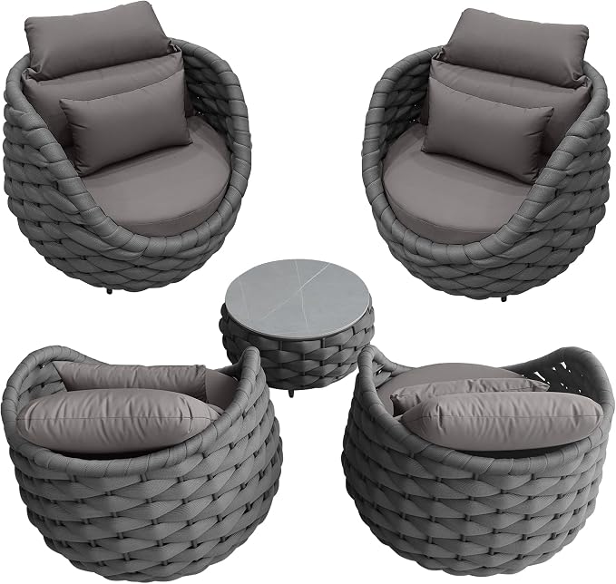 TWT 3 Piece Patio Furniture Set, Gray Woven Rope Conversation Set with Washable Cushions (Polyester Dark Grey Rope w/Dark Grey Cushion, 5pcs 4 Armchair+Table)
