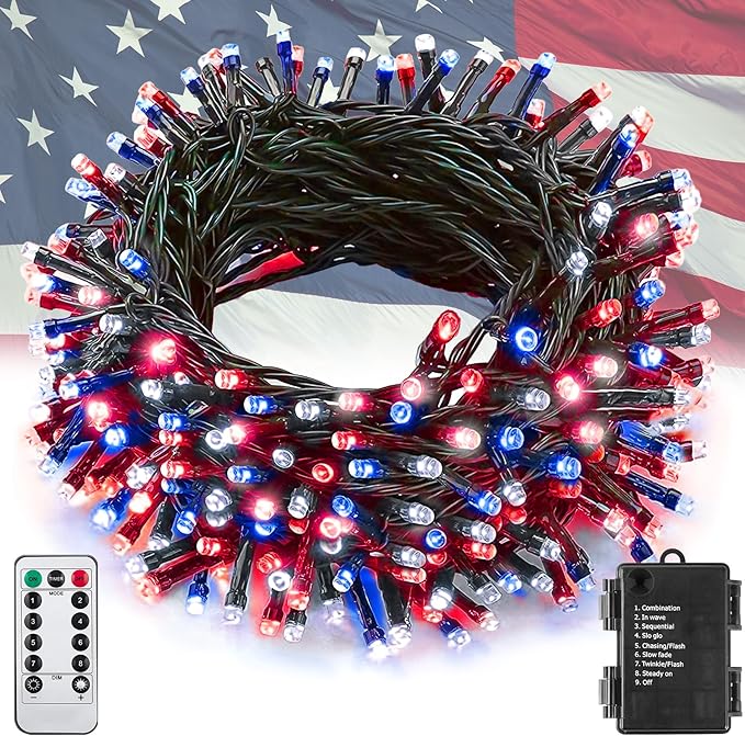 100LED Red White and Blue Lights for 4th of July Decoration, 33Ft Battery String Lights Indoor Outdoor Waterproof, 8 Modes Lights for Independence Day American Flag Holiday