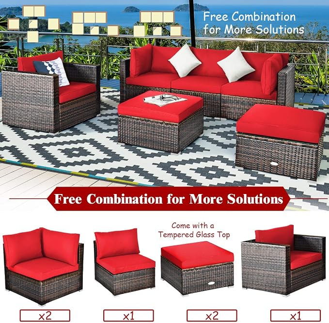 Tangkula 6 Pieces Wicker Patio Furniture Set, PE Rattan Outdoor Sectional Conversation Set with Glass Coffee Table & Ottoman, Wicker Sofa Set with Cushions for Yard Garden, Deck, Porch (Red)