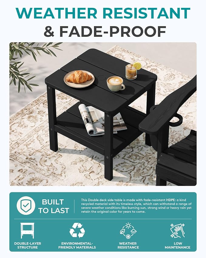SERWALL 2-Tier HDPE Outdoor Side Table with Umbrella Hole, Weatherproof Rectangular Adirondack Side Table, Black