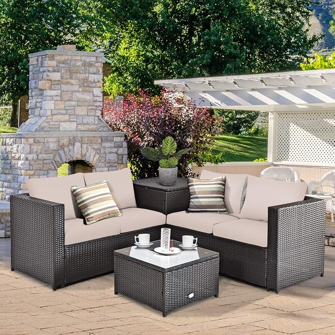 Tangkula 4 Piece Wicker Patio Set with Storage, All Weather-Proof Outdoor Conversation Set, with Loveseat, Glass Top Coffee Table & Storage Box, Suitable for Garden, Poolside, Sunroom (1, Brown)