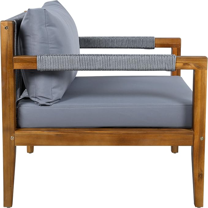 3 Pieces Outdoor Sectional Sofa Set,Rope Woven Patio Conversation Set with Solid Acacia Wood Frame,Water-Resistant Removable Cushions for Backyard,Deck and Poolside (Grey#40)