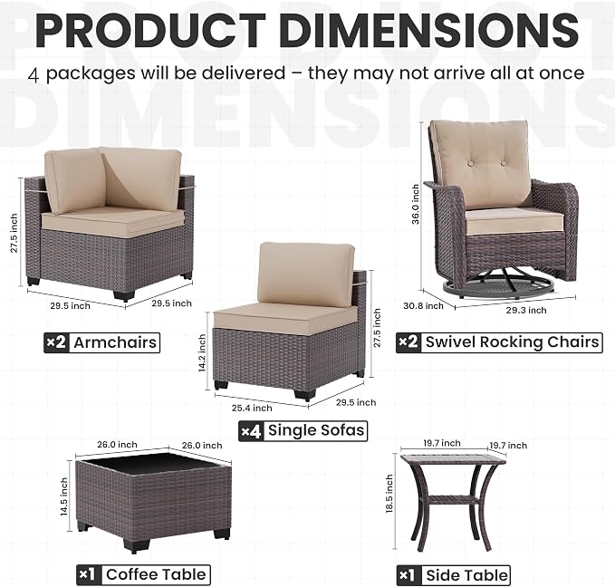 10 Pieces Outdoor Patio Furniture Set,Outdoor Sectional Furniture All Weather PE Rattan Wicker Patio Conversation Set with Coffee Table,Swivel Rocking Chairs Set,Sand